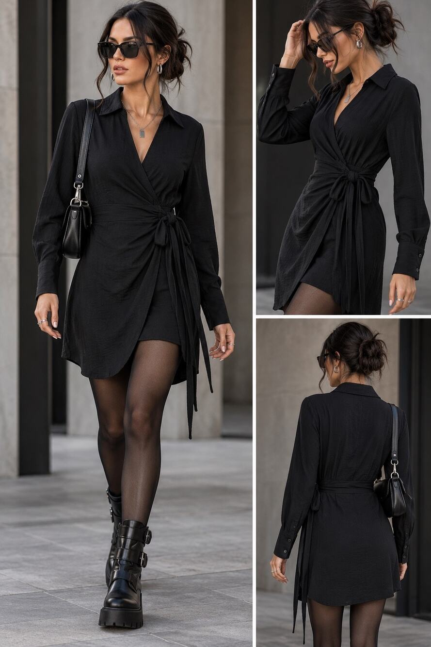 H&M Black Ruched Tie-Waist Shirt Dress XS Long Sleeve Collared Mini Office Siren